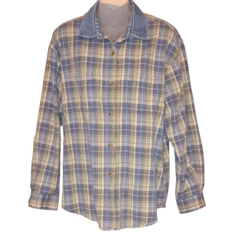 Erika Casuals Clothing Co Denim Flannel Blue Plaid Button Down Long Sleeve SizeL